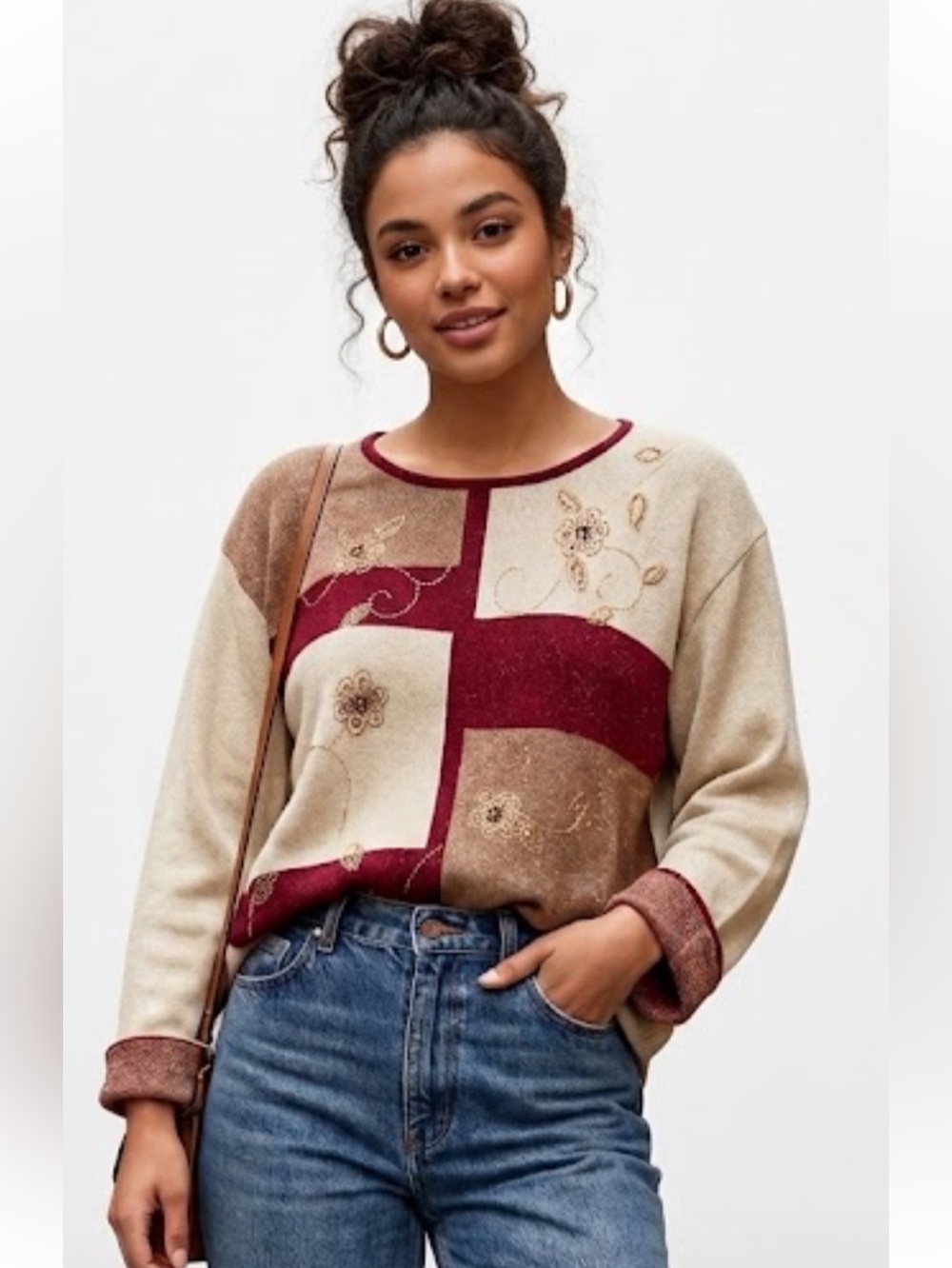 Vintage Alfred Dunner Burgundy and Gold Floral Patchwork Sweater